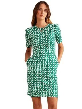 Boden | LONG Zoe Geometric Cube Jersey Mini Dress Green & White | US 20L-22L
